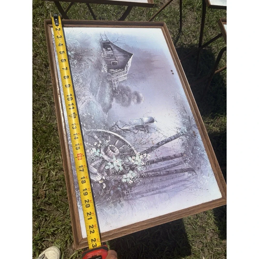 Vintage Set of 4 Andres Orpinas Folding TV Tray Tables Barn Farm Rustic Cabin